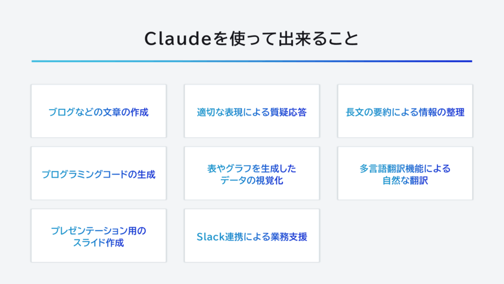 claudeの使い方-ブログなどの文章の作成、適切な表現による質疑応答、プログラミングコードの生成、プレゼンテーション用のスライド作成など

