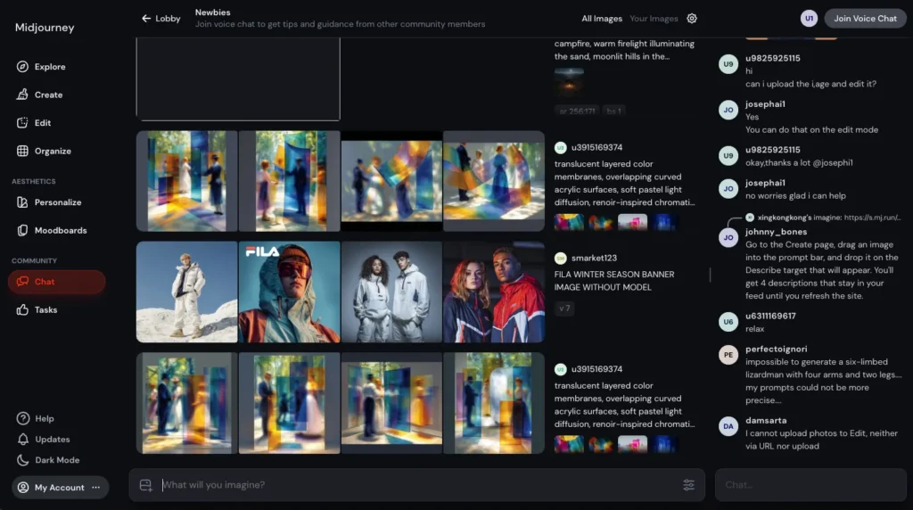 ChatはMidjourney内でユーザー同士が交流できる機能。プライベートチャットやテーマ別ルームを作成してフィードバックを交換できます。