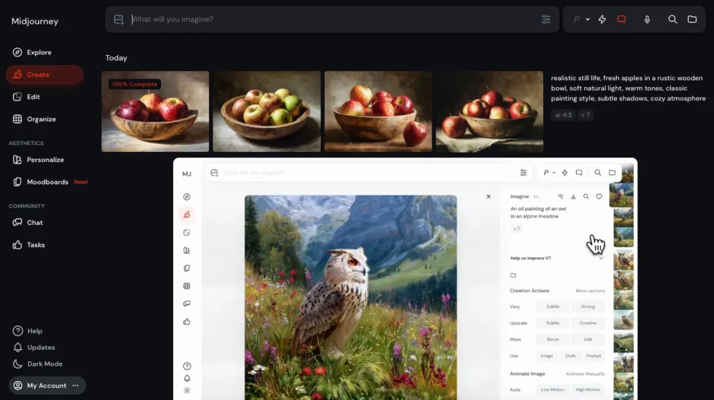 CreateはMidjourneyの心臓部となる生成画面でAIが4枚の画像を高速生成