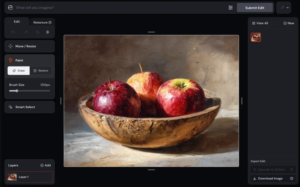 Editは生成後やアップロード済みの画像を直接ブラウザで加工できる専用タブで消しゴムで塗り潰した領域を描き直したり、キャンバスを拡張し新規背景を補完したりすることが可能