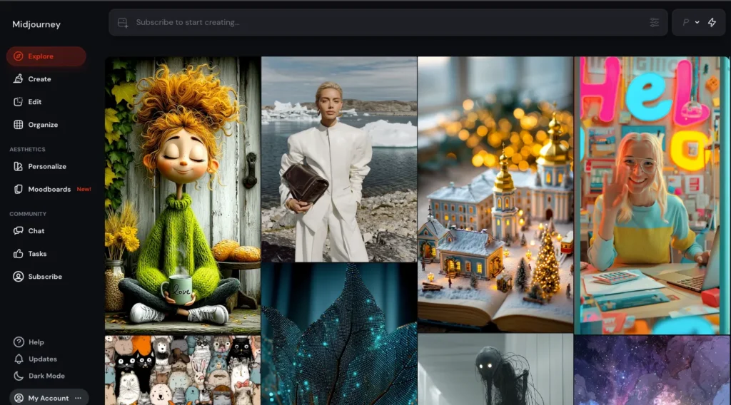 ExploreページはMidjourneyユーザーが作成した画像のコミュニティギャラリーで様々なアート作品が並ぶ