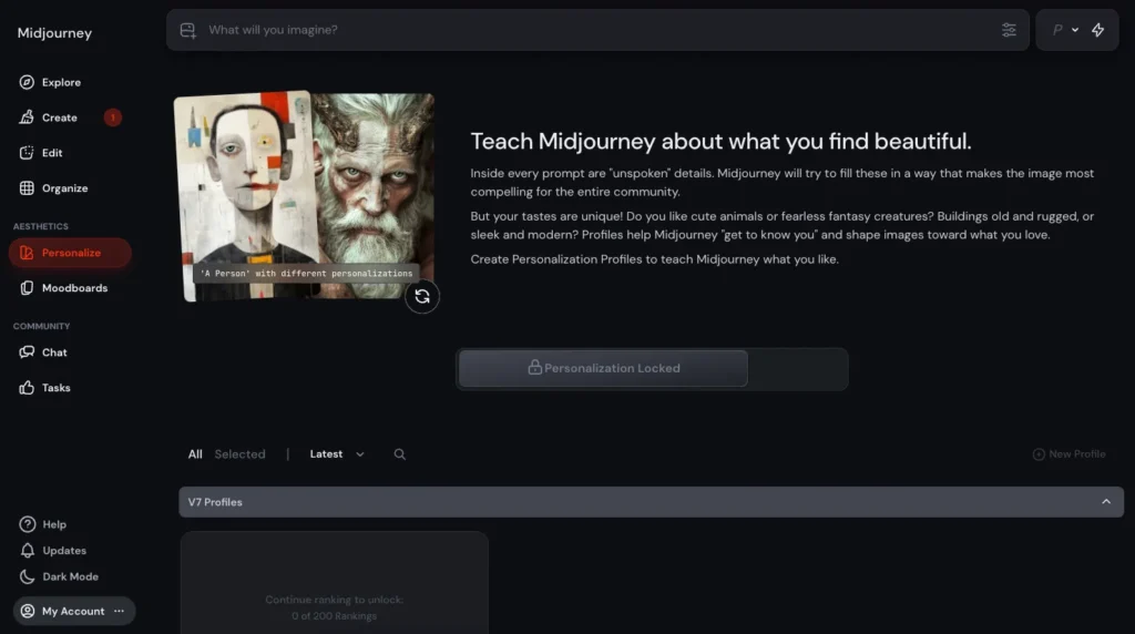 PersonalizeはAIに自分の好みを学習させるスタイル調整機能。好みを選ぶランキングやExploreでのハートの付与を繰り返すとプロファイルが生成