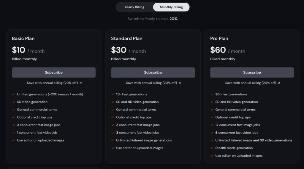 Midjourneyの料金プラン-Basic（月額$10）、Standard（月額$30）、Pro（月額$60）、Mega（月額$120）の4段階