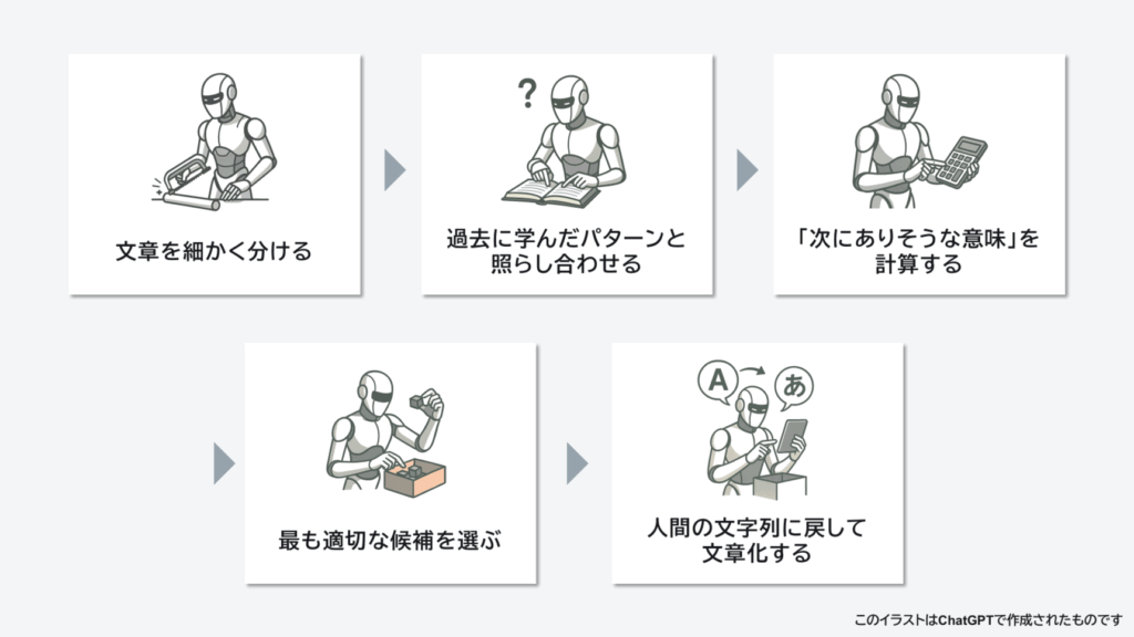 LLMの仕組み。文章を細かく分ける・過去に学んだパターンと照らし合わせる・次の意味を計算する・最適な候補を選ぶ・人間の文字列で文章化する　に分解可能